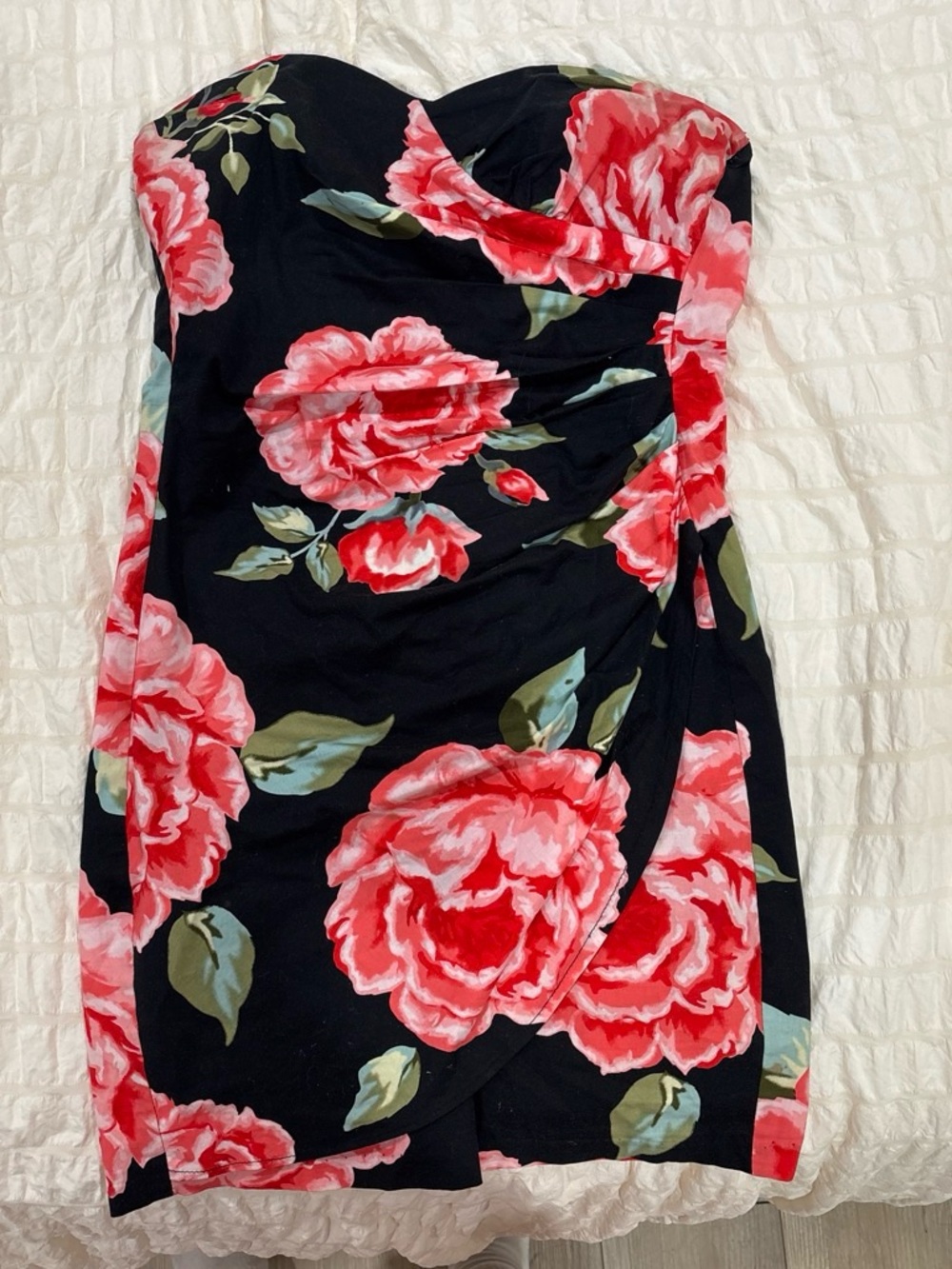 Strapless Black Dress with Red Floral Print